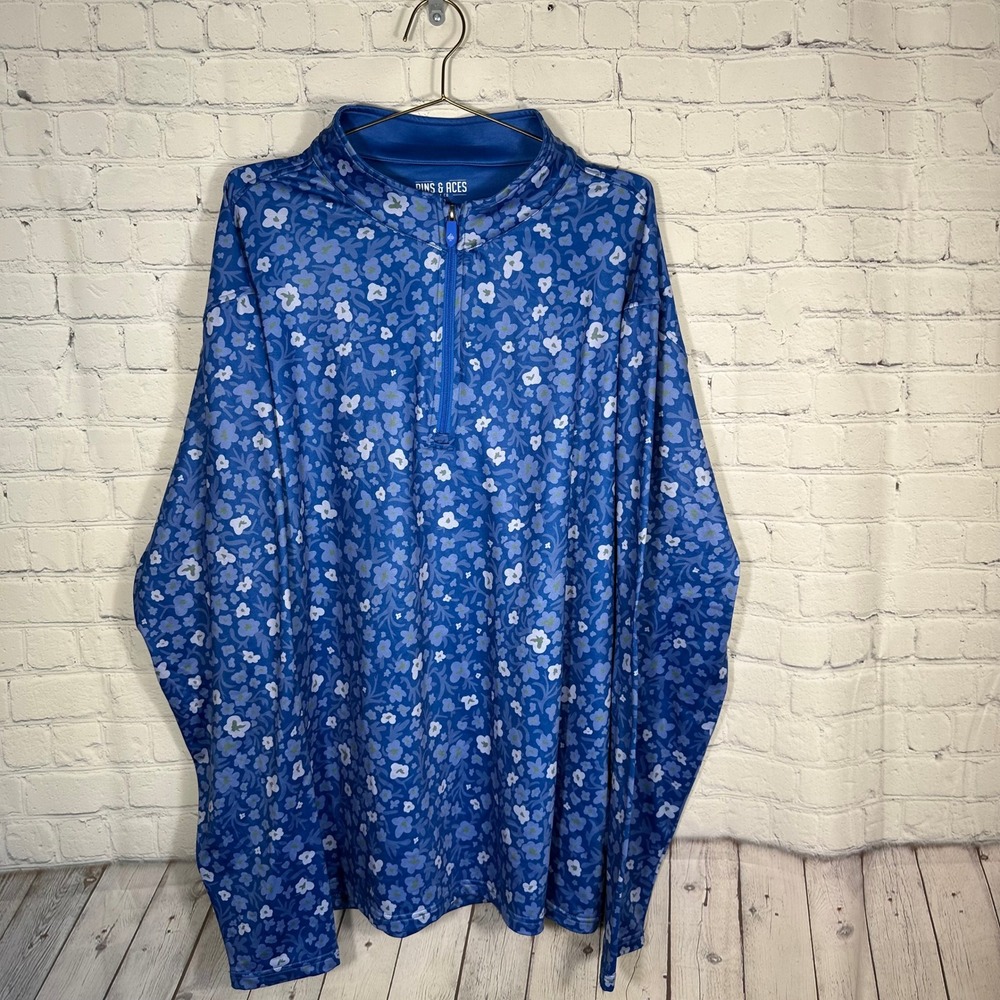Pins & Aces Golf Co Mens XXXL Blue Floral Quarter Zip Pullover Performance Shirt